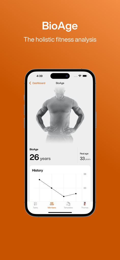 EGYM Trainer app interface showing the BioAge holistic fitness analysis and historical progress chart for a member