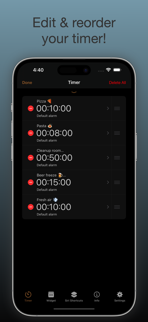 timer. - Multi Countdown Timer - iPhone screen showing the timer list in edit mode allowing users to rename and reorder multiple timers like pizza and pasta