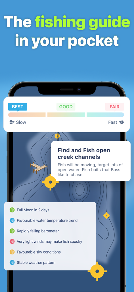 BassForecast: Bass Fishing App - BassForecast app showing fishing guide insights and lake map data