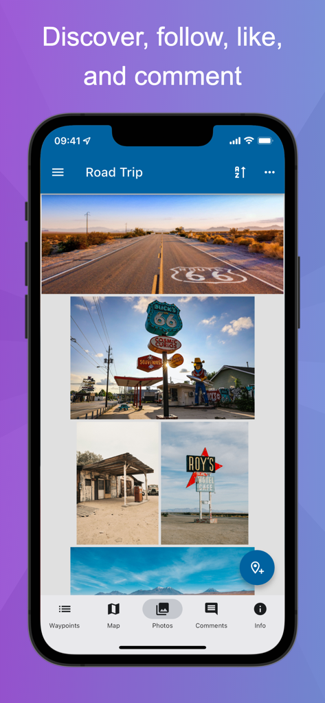 iPhone screen displaying the TrackMyTour app with a photo gallery of a Route 66 road trip