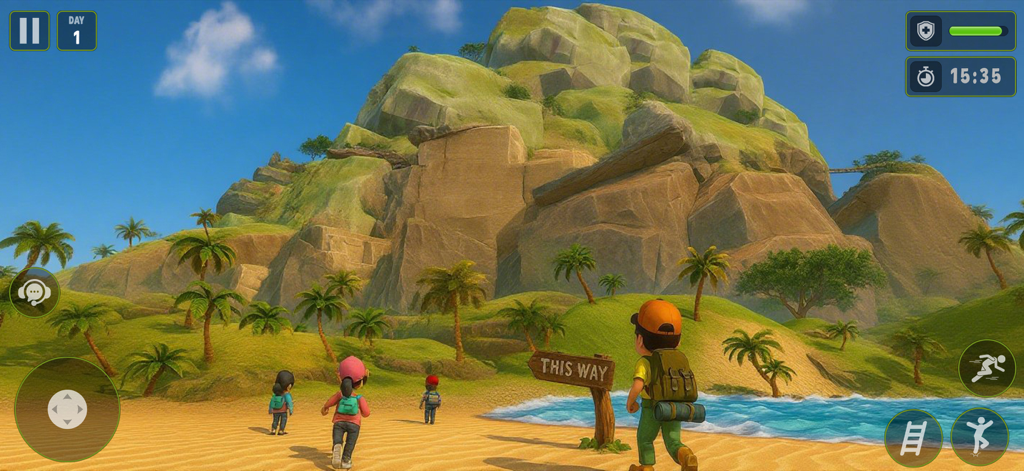 Peak Climb Escape Journey Game - adventure characters walking on a tropical beach towards a mountain with a this way sign