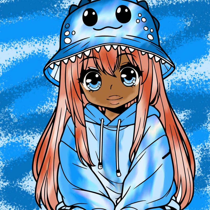 girl with anime shaped eyes with a dinosaur bucket hat oversized sweatshirt long straight hair