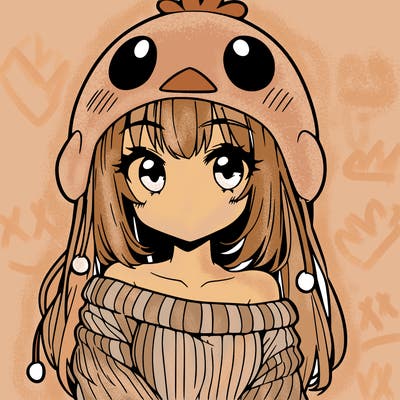 anime girl with chick shaped hat with sweater with bare shoulders with bangs covering them one eye with low tail