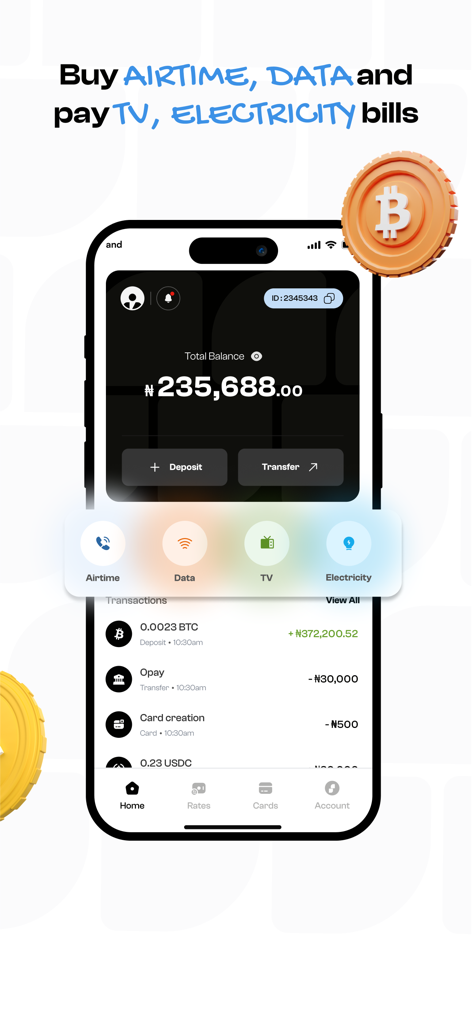 Spenda - Spenda mobile app interface showing options to buy airtime and pay utility bills using cryptocurrency.