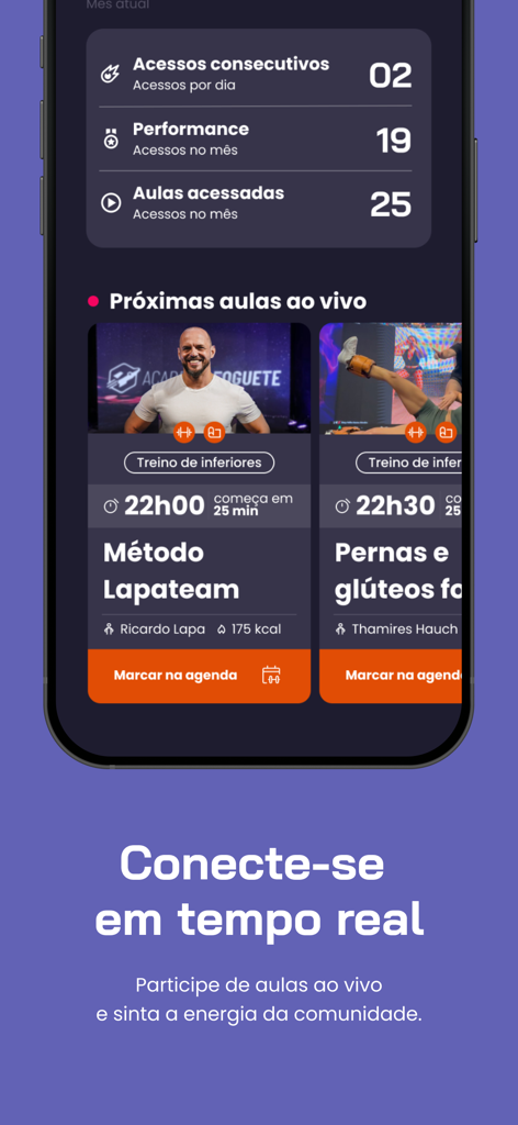 Screenshot of Academia Foguete app displaying upcoming live workout sessions and performance stats.