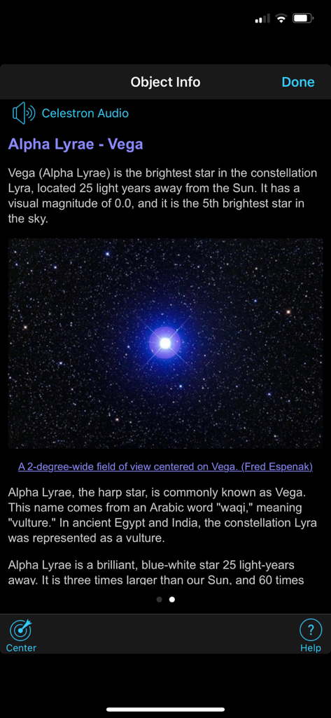 Celestron SkyPortal - Pantalla de la aplicación Celestron SkyPortal que muestra detalles astronómicos y una fotografía de la estrella Vega Alpha Lyrae