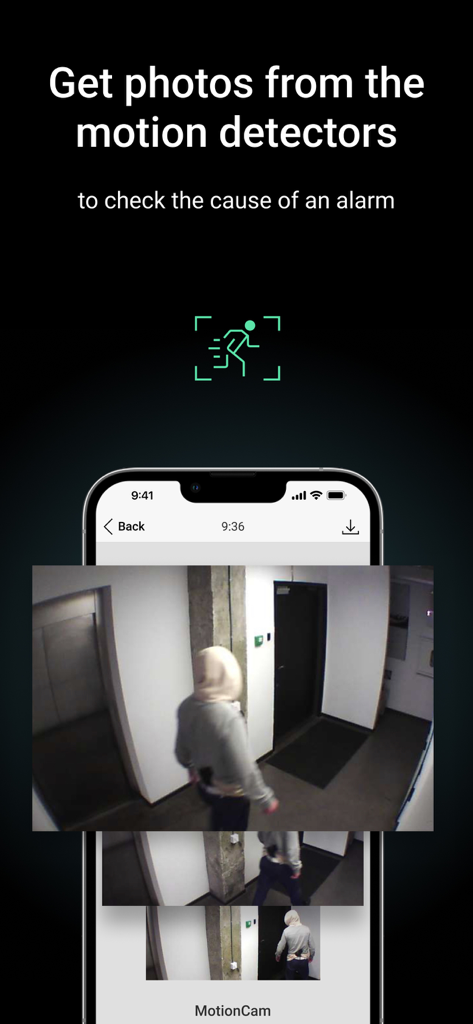 Ajax app interface displaying motion detector photo for visual alarm verification