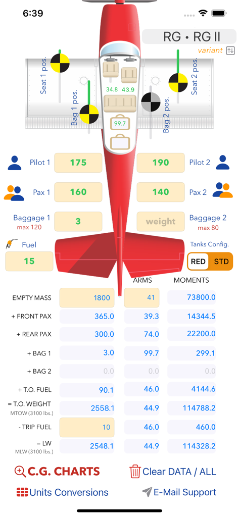 C182 M&B mobile - Mobile app interface for Cessna 182 weight and balance calculations featuring an interactive aircraft loading diagram and mass data
