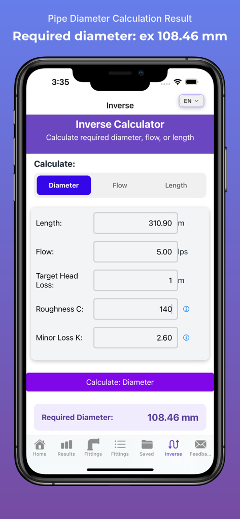 HydroCalc Plus - HydroCalc Plus app inverse calculator screen for pipe diameter calculation.