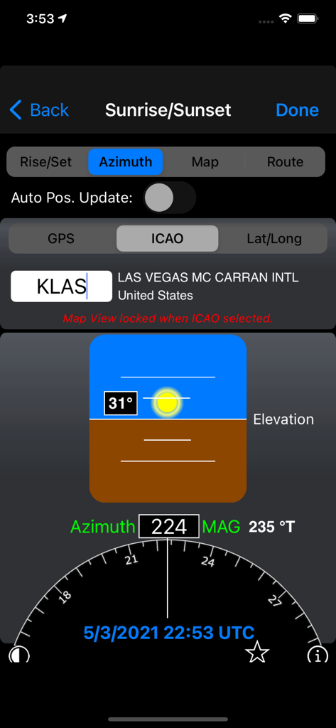 Sunrise and sunset azimuth calculation for Las Vegas airport in FlyBy E6B app