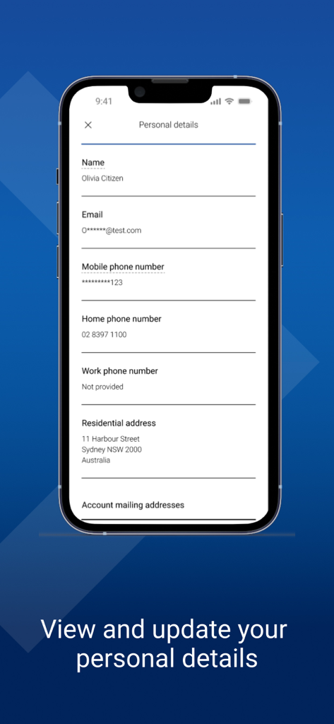 Colonial First State app screen for viewing and updating personal contact information