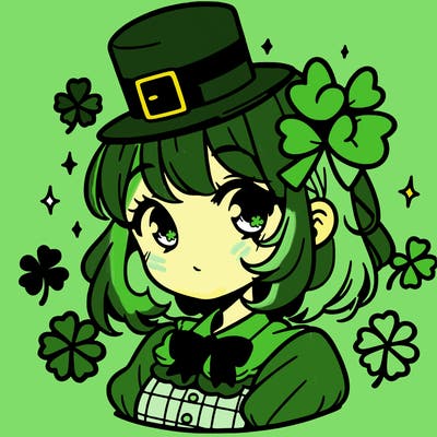 a manga-style girl with clovers around her, a little hat in her hair, like it's saint patrick's day