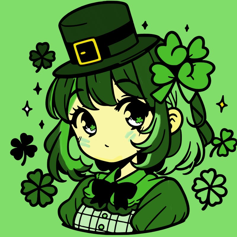 a manga-style girl with clovers around her, a little hat in her hair, like it's saint patrick's day