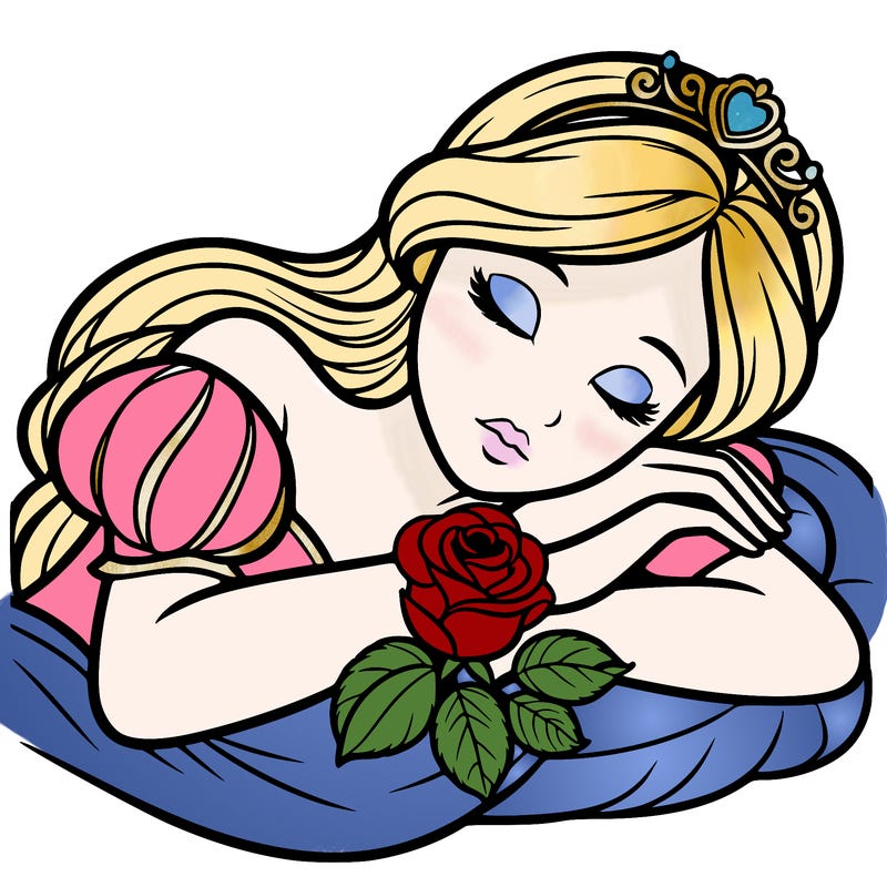 a fairytale princess sleeping with her hands crossed on her chest and a rose on her chest realistic