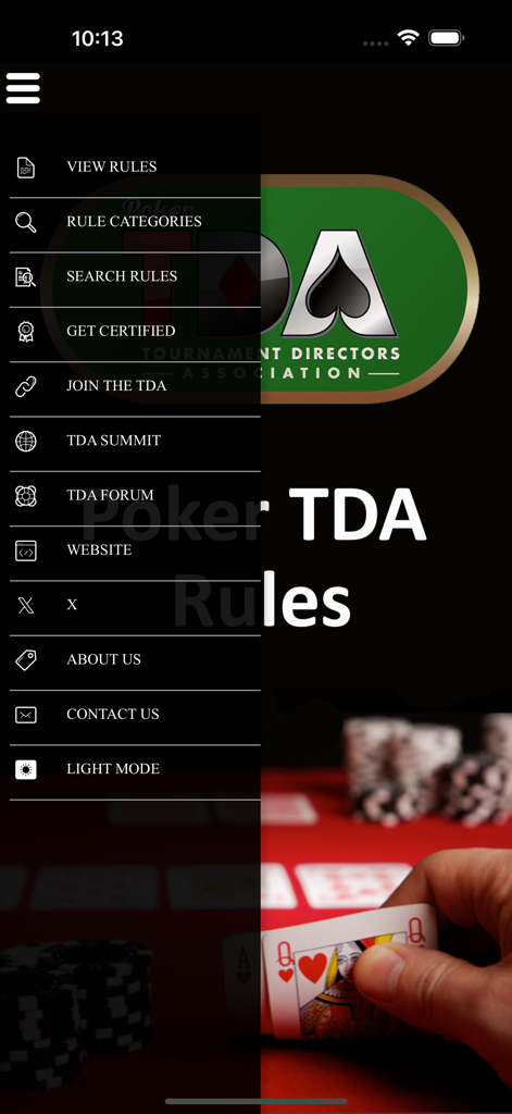 Official Poker TDA Rules - Side menu of the Official Poker TDA Rules app showing navigation options like view rules and search rules in dark mode
