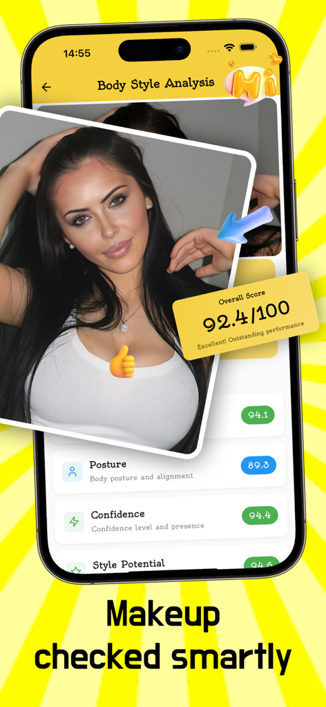 Interface of the SacD app displaying an AI body style analysis with an overall score of 92.4 out of 100