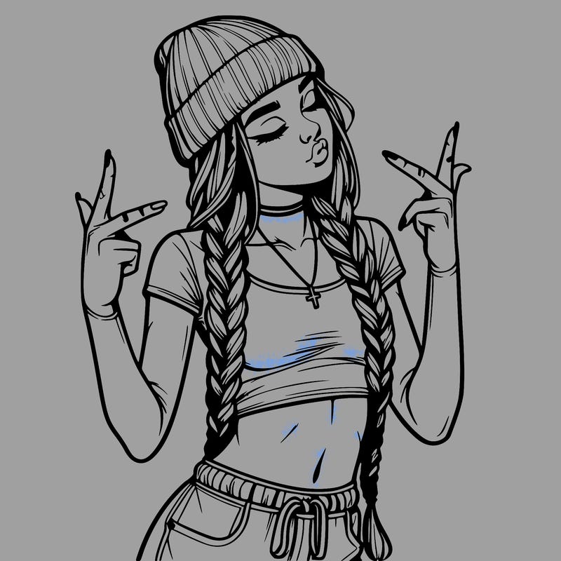 realistic teenage girl with braids and a beanie and crop top doing 🫶🏼