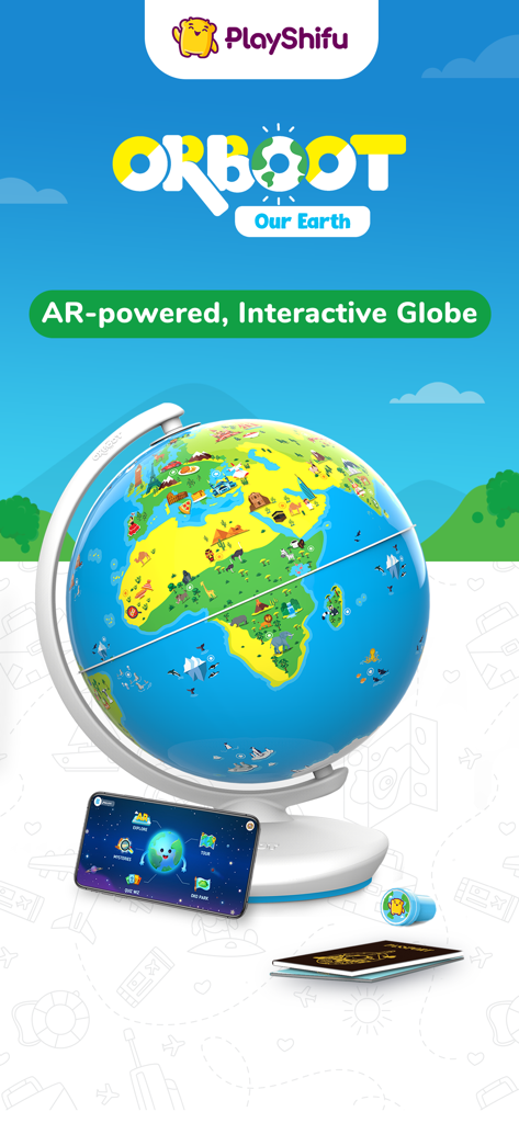 Globe intelligent physique Orboot Earth RA et interface d'application mobile interactive.