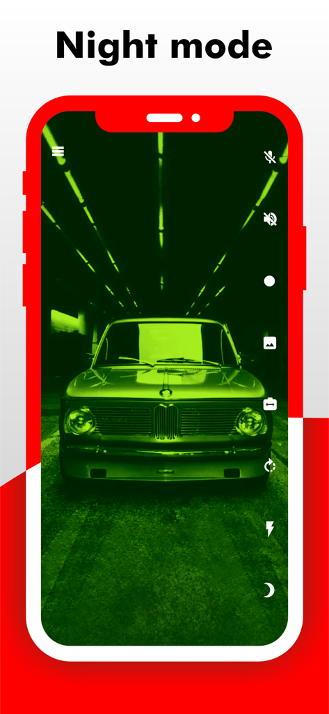 Smartphone screen showing the night mode feature of the Camy app with a green night vision filter viewing a parked car