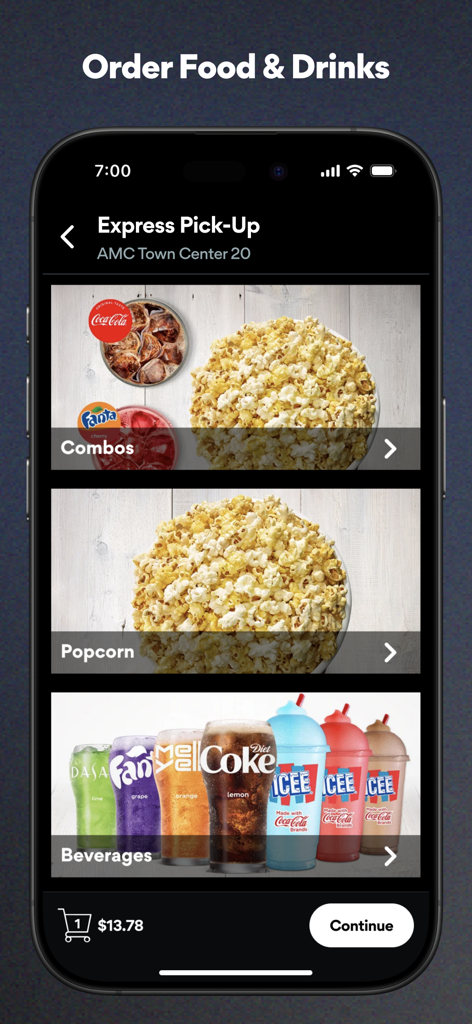 AMC Theatres: Movies & More - Schermata dell'app AMC Theatres che mostra opzioni di ordinazione di cibo e bevande, inclusi popcorn e bevande.