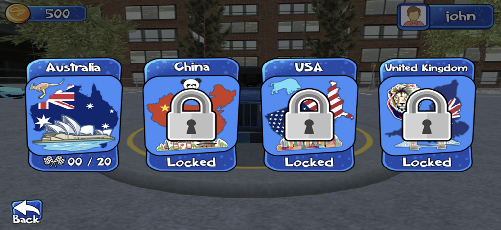 Écran de sélection de pays dans le jeu éducatif World Wise montrant des niveaux verrouillés et déverrouillés, y compris l'Australie et les États-Unis