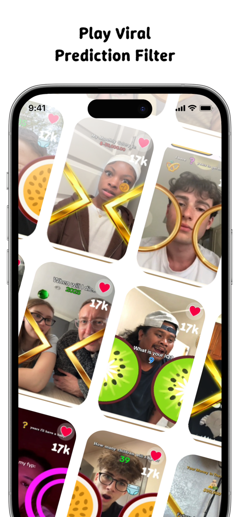 Prediction Filter: Game Quiz - Smartphone screen with a collage of people using viral prediction filters and selfie games.