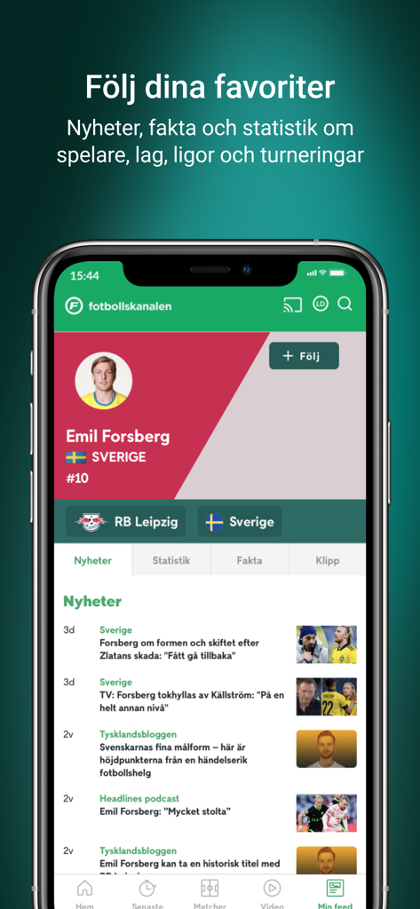 Fotbollskanalen - Captura de pantalla móvil de la aplicación Fotbollskanalen mostrando el perfil del jugador Emil Forsberg con secciones de noticias y estadísticas.