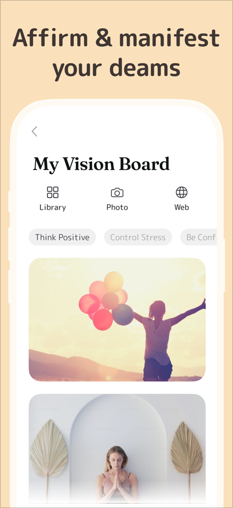Vision Board Perfectly Happy - Perfectly Happyアプリのスクリーンショット。ライブラリとウェブ写真のオプションが表示されているパーソナライズされたビジョンボードが表示されています。