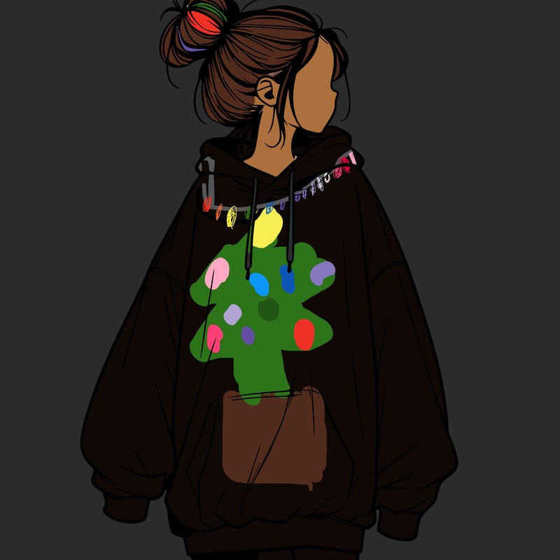 realistic girl with a oversized sweatshirt on and a bun