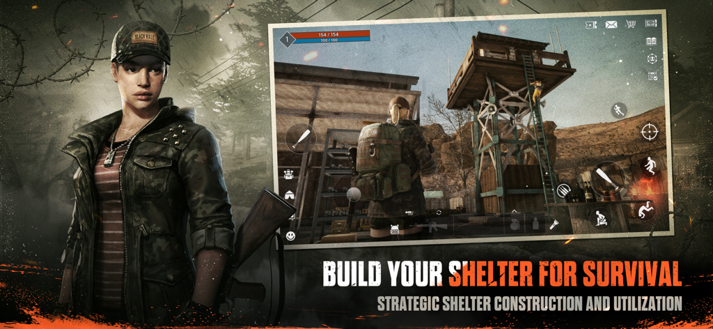 DARKEST DAYS - Una superviviente con equipo táctico junto a una torre de vigilancia de madera con el texto Construye tu Refugio para Sobrevivir