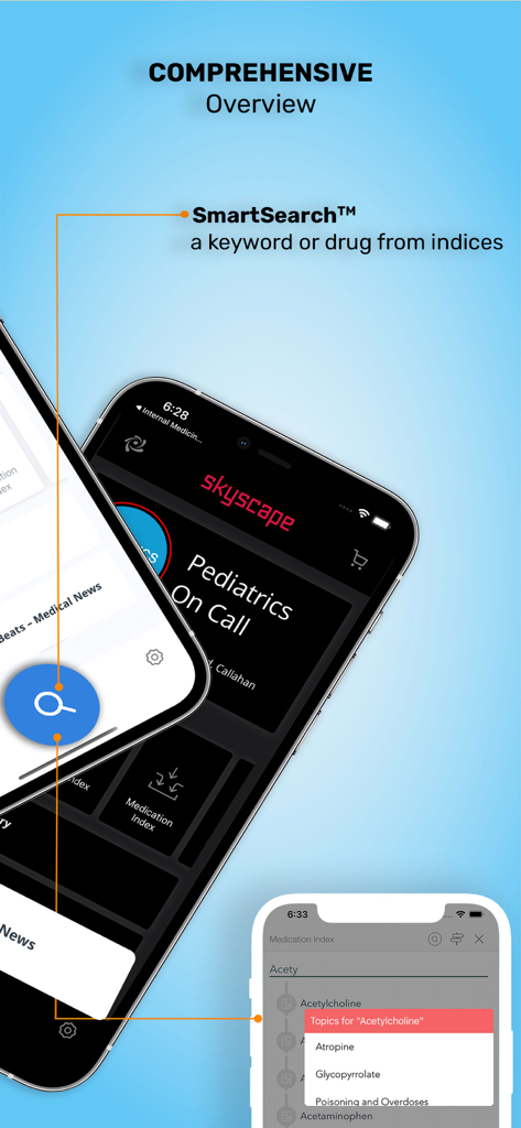 Screenshot of Pediatrics On Call app highlighting the SmartSearch feature for quickly finding medical terms and drugs