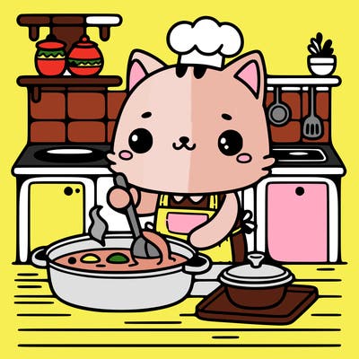 a cute cat cooking something in a kitchen corner
