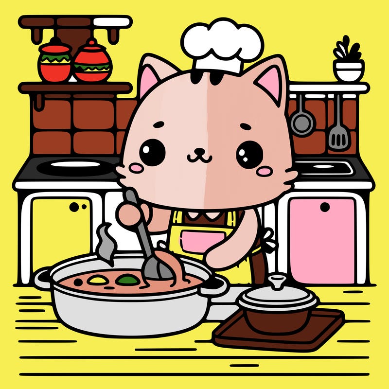 a cute cat cooking something in a kitchen corner