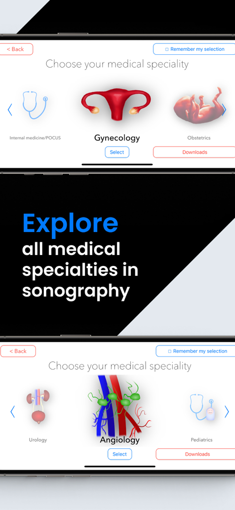 Interface of Scanbooster ultrasound simulator app showing various medical specialties for training.