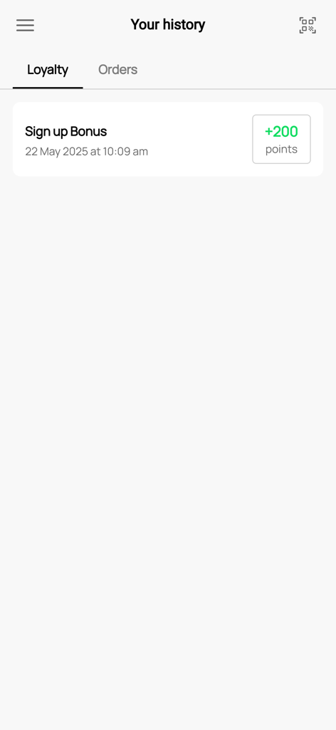 Cape Town Time Out Market - Pantalla de historial de fidelidad del usuario que muestra un bono de inscripción de 200 puntos.