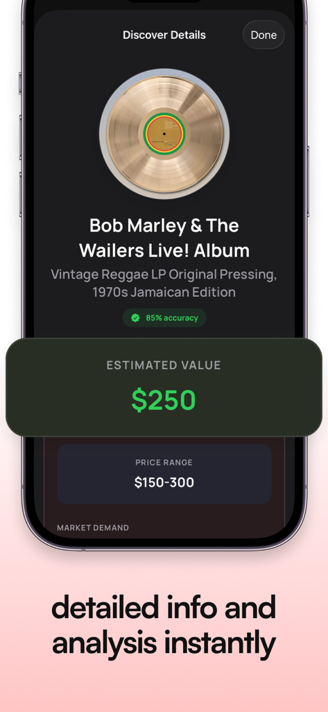 Vinyl Snap - Vinyl Snap app screen showing the identification results and estimated market value of a vintage Bob Marley vinyl record.