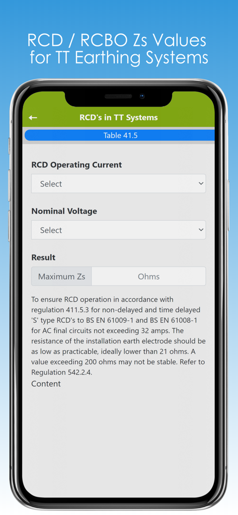 Screenshot of the Max Zs Values app interface showing calculation fields for RCD and RCBO Zs values in TT earthing systems.