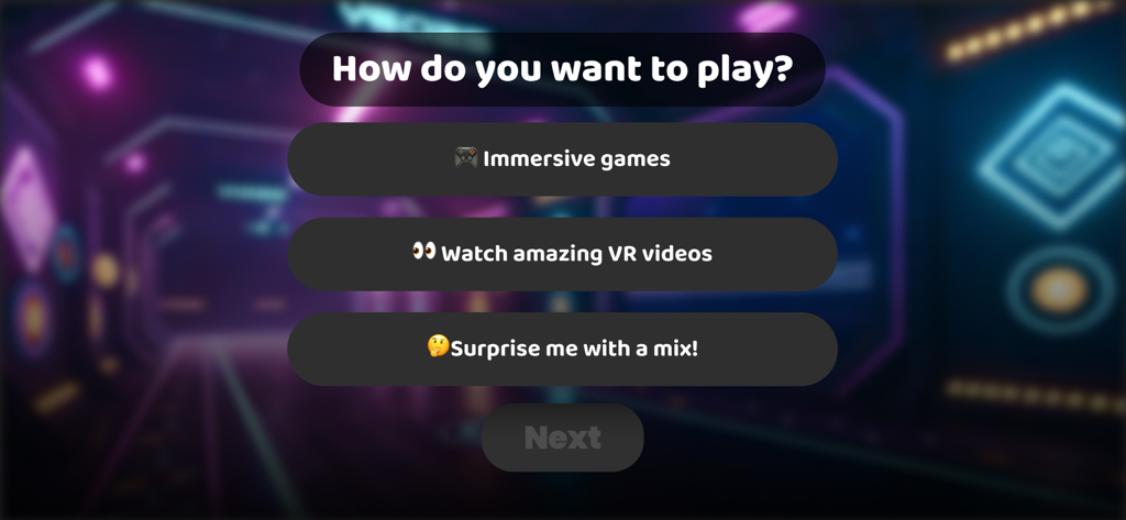Tela de seleção de opções de menu do aplicativo VR, permitindo escolher entre jogos VR e vídeos 360 graus.