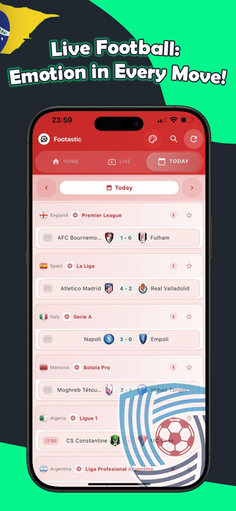 Fut Ao Vivo: dahora - Footastic app interface displaying live soccer match scores for the Premier League, La Liga, and Serie A.