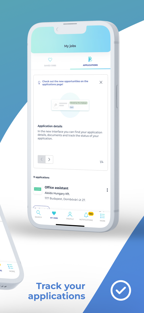 Interface of the Profession.hu app displaying the applications tab where users can track the status of their job applications in Hungary
