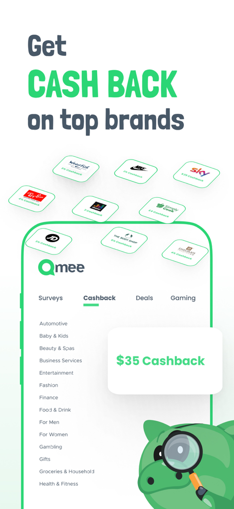 Qmee app interface showing cashback rewards from popular brands
