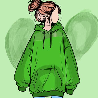 realistic girl with a oversized sweatshirt on and a bun