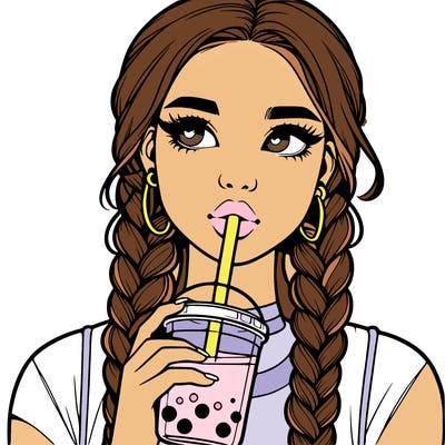realistic girl with braided hair drinking boba