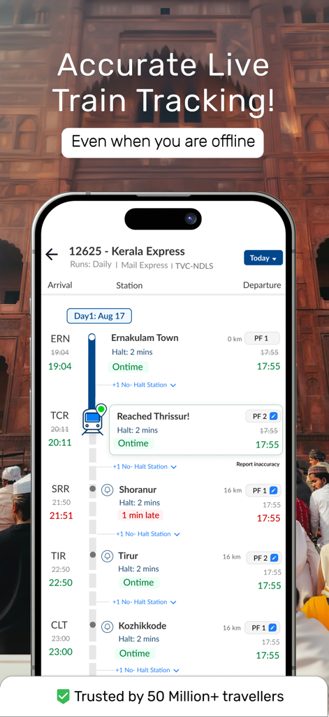 RailYatri app interface showing live train tracking for Kerala Express with arrival times and platform numbers
