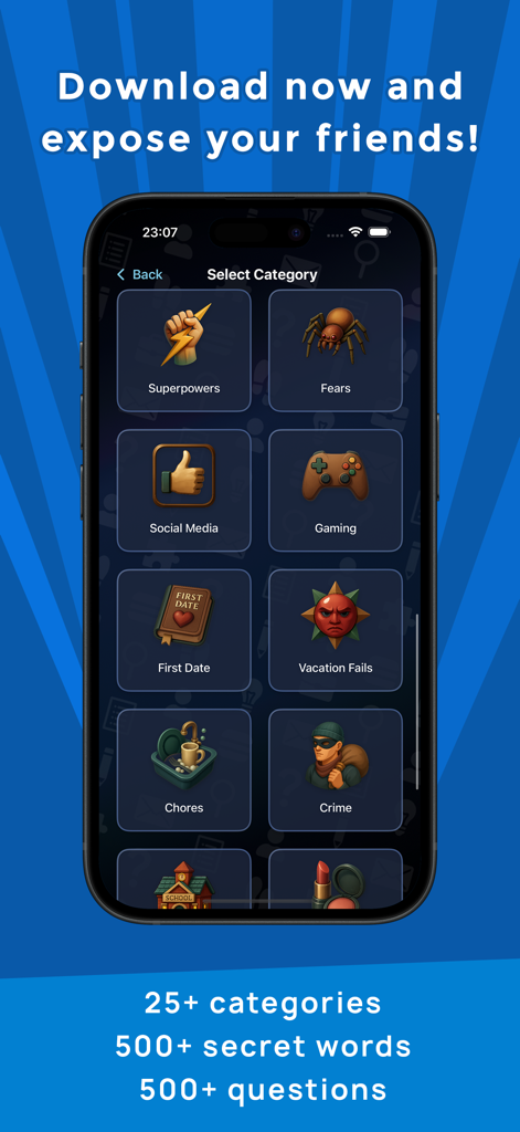 The Spy Game - Imposter Party - Captura de pantalla de la aplicación The Spy Game que muestra una cuadrícula de categorías de juegos como Superpoderes, Miedos y Videojuegos.