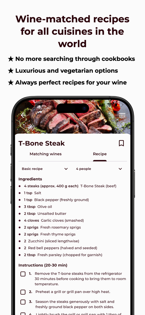 Vinomat app screen showing a T-Bone Steak recipe with ingredients and cooking steps