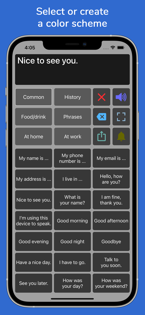 Interfaccia dell'app Speech Assistant AAC con una combinazione di colori grigio scuro e pulsanti per frasi categorizzati per l'assistenza vocale.