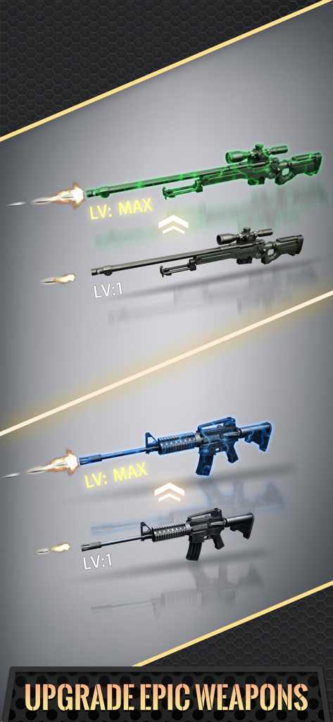 3D Modern Sniper - Comparación lado a lado que muestra armas de nivel base mejorando a armas épicas de nivel máximo con efectos brillantes verdes y azules