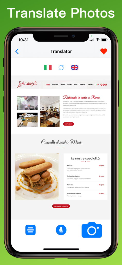 Italian Translator + - Recurso de tradução de fotos do aplicativo Italian Translator no iPhone mostrando um menu de restaurante
