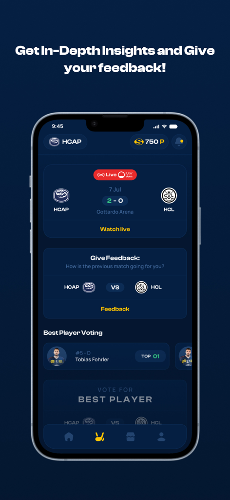 HCAP Digital Hockey - HCAP Digital Hockey App Bildschirm mit Live-Spielständen und einer Spielerabstimmungssektion